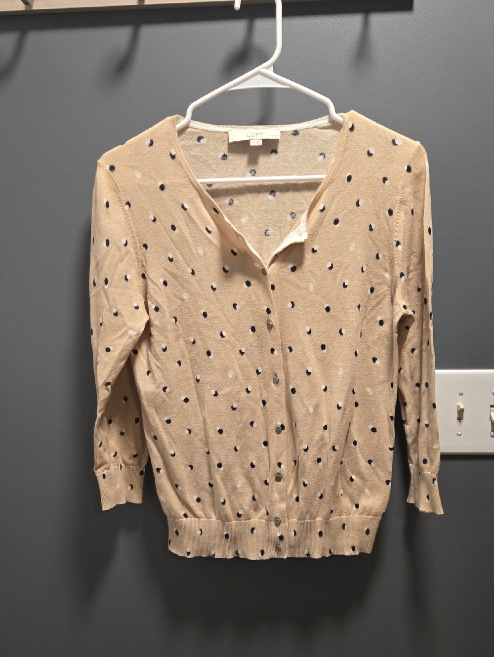 LOFT Beige Cardigan with Black and White Polka Dots